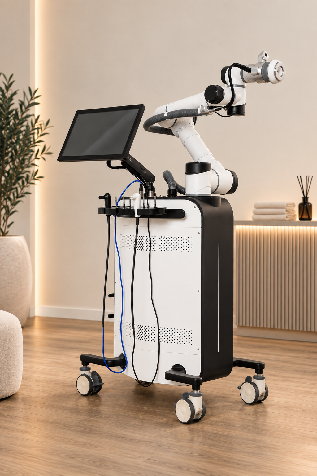 Aesthetic Robot AI Gerät mit Roboterarm und Touchscreen